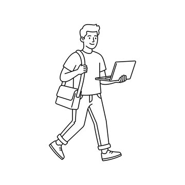 Young Man Walking with Laptop and Shoulder Bag. Student and Digital Nomad Line Art Illustration