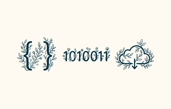 Organic floral technology icon set with coding curly brackets binary code and cloud download symbol