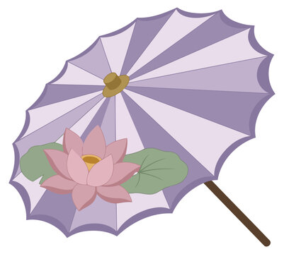 Elegant purple japanese parasol umbrella decorated with a blooming pink lotus flower and green lily pads, traditional cultural accessory illustration