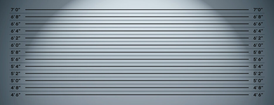 Police mugshot lineup background vector illustration, criminal height chart wall with measurement lines