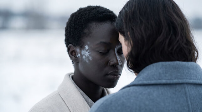 Two women touching foreheads in a tender embrace wearing snowflake face paint in a snowy field