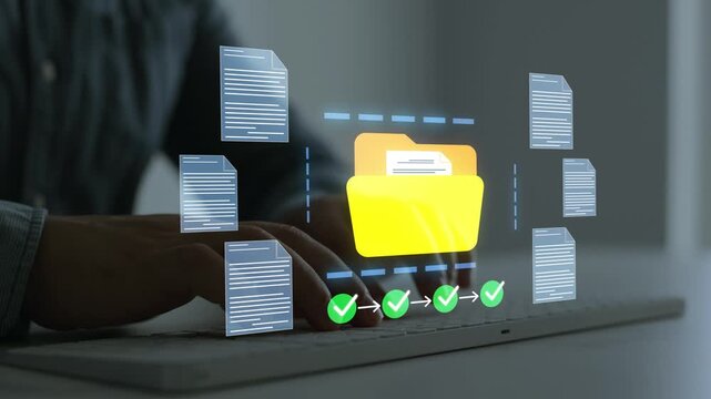 Business document management software for digital archiving, electronic records processing,  file storage, representing modern office automation, information security, and corporate productivity