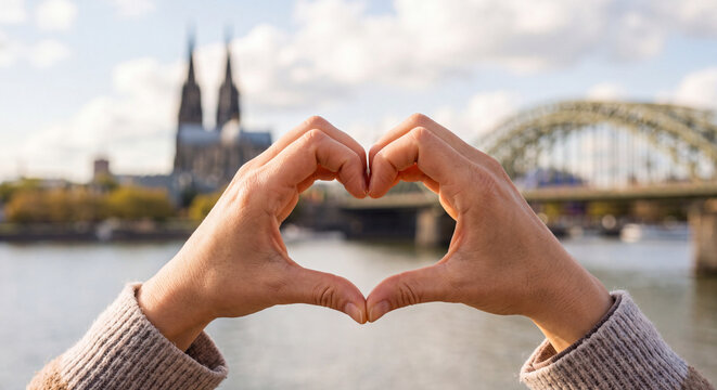 Geliebte Gro&szlig;stadt K&ouml;ln am Rhein: H&auml;nde formen ein Herz vor der K&ouml;lner Skyline