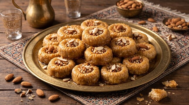 Traditional almond birds nest baklava bulbul yuvasi served on brass tray with middle eastern setup