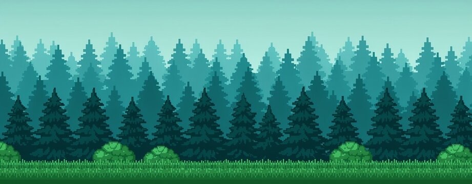 Seamless 2D side-scrolling forest background, featuring dense pine, trees and green, grass, designed for, game environments and digital