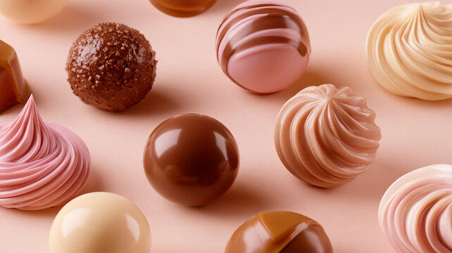 Assortment of luxurious chocolate bonbons and pastel pink, cream and milk chocolate truffles with glossy coatings and decorative swirls arranged on a soft pink background, elegant sweet dessert 