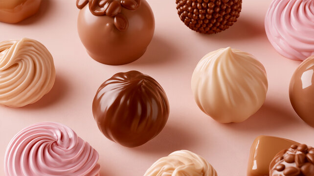 Assortment of luxurious chocolate bonbons and pastel pink, cream and milk chocolate truffles with glossy coatings and decorative swirls arranged on a soft pink background, elegant sweet dessert 