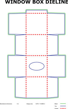 Window box dieline template, vector packaging layout with dimensions and oval cut-out, professional retail box design for cosmetic and product display
