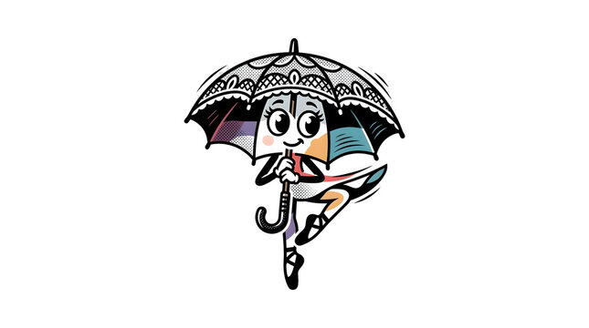 Cute Vintage Cartoon Illustration of an Atmospheric Prima Ballerina Umbrella Character Performing an Elegant Ballet Pose with Pointe Shoes, Isolated on White Transparent Background.