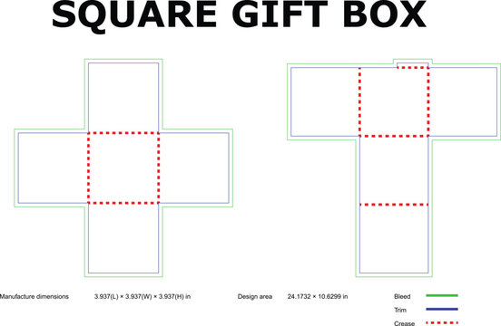 Cube box dieline template, vector packaging layout with bleed, trim, and crease lines, professional square gift box design template for retail and product packaging
