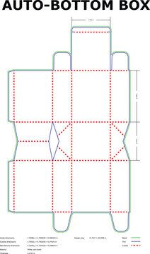 Automatic bottom box dieline template, vector packaging layout with dimensions for white card board, professional retail box design with tuck-top closure

