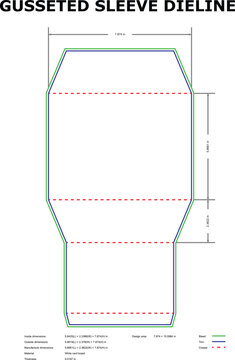 Gusseted sleeve wrapper dyeline template, vector packaging layout with bleed and trim lines for white card board, professional tapered product wrap design
