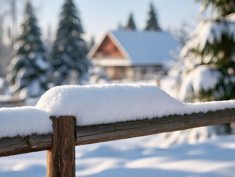 Fresh snow covers a wooden fence in the countryside with a blurred winter cabin and fir trees in the background on a sunny day.