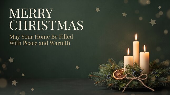 Merry christmas greeting card with candles and ribbon