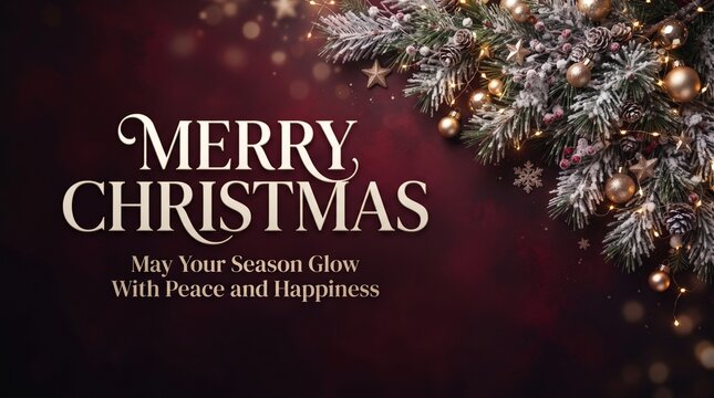 Merry christmas greeting card with decorated tree background