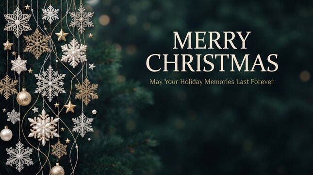 Merry christmas holiday greeting card with snowflakes and ornaments