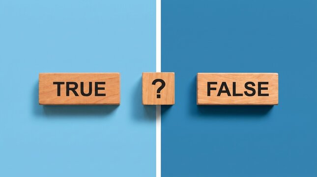 Wooden blocks with true or false text and a question mark symbol with blocks with symbol between them
