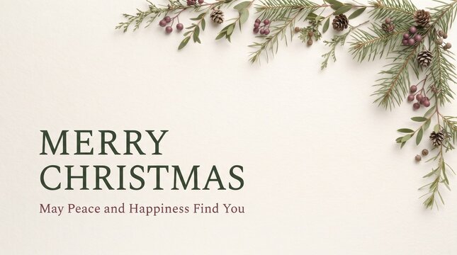 Merry christmas greeting card with greenery and floral background