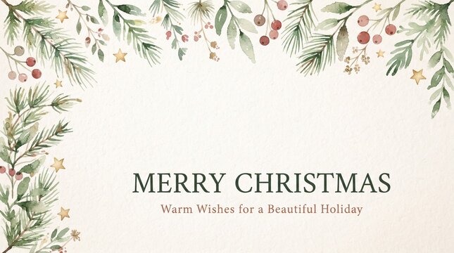 Merry christmas greeting card with pine branches and berries