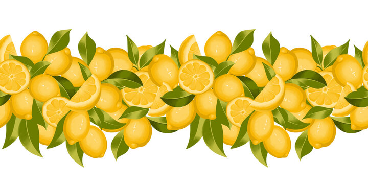 lemon border with fresh slices isolated for yellow summer decor, tablecloth or runner