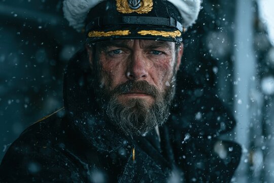 Bearded sea captain, staring ahead in a gold-trimmed uniform amid swirling snow