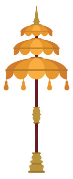 Traditional balinese golden tiered umbrella, a ceremonial parasol used in hindu religious rituals and cultural festivals in indonesia, flat vector illustration