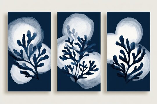 Abstract botanical art triptych featuring navy blue and white corallike shapes on a dark background