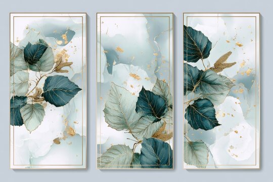 Elegant triptych artwork featuring delicate leaves and gold accents on a soft blue background