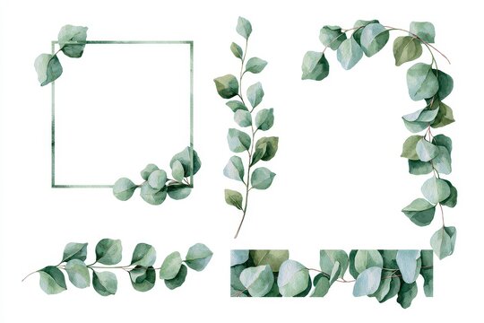 Watercolor eucalyptus leaves arranged in decorative frames and borders for design purposes