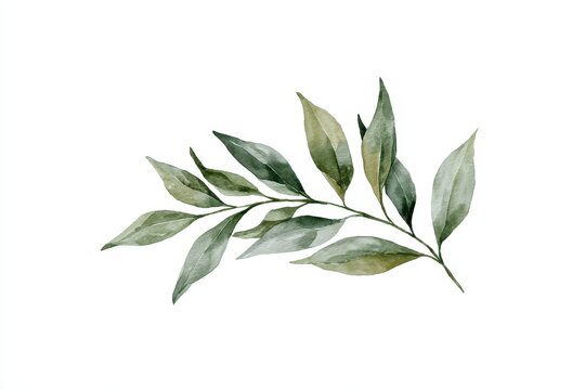 Watercolor illustration of a green leaf branch with delicate foliage isolated on white background