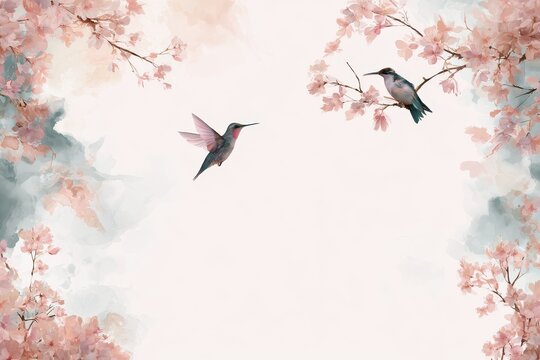 Beautiful hummingbirds among cherry blossoms in a serene pastel background