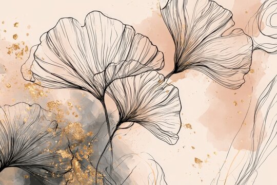 Elegant ginkgo leaves with delicate line art and soft pastel background, featuring gold accents for a luxurious touch