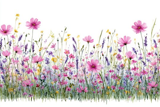 A vibrant display of wildflowers in various colors creating a beautiful floral landscape isolated on white background