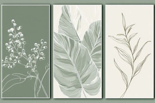 Elegant botanical illustrations featuring delicate leaves and floral designs in soft green tones
