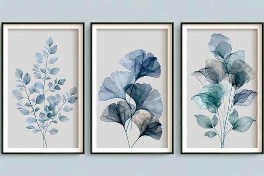 Elegant blue botanical art prints featuring delicate leaves and ginkgo designs in modern frames