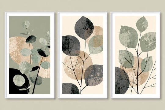 Abstract botanical art prints featuring leaves and shapes in earthy tones and textures