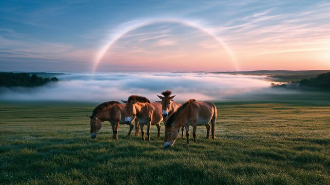 Przewalski's Horses Grazing Beneath a Fogbow on a Misty Steppe at Dawn