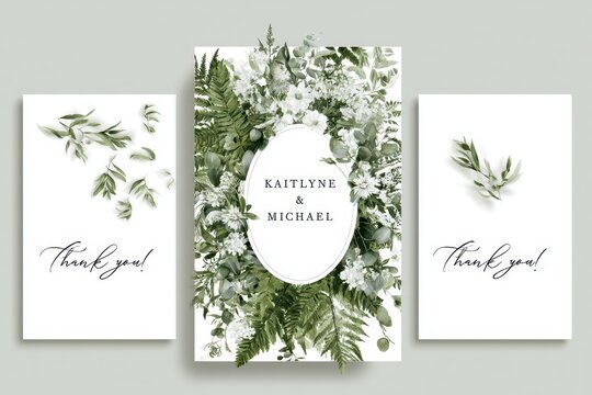 Elegant wedding invitation design featuring greenery and floral elements with names kaitlyne and michael