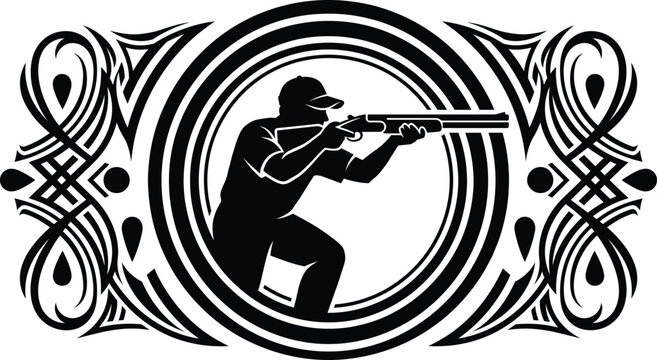 Hunter silhouette aiming a shotgun within a decorative tribal border emblem and circular frame