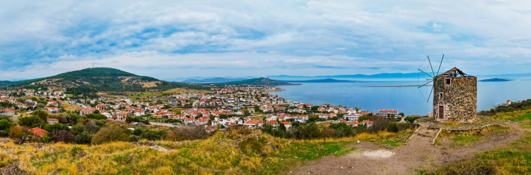 Cunda Island. Panoramic view of Cunda Island with its historic windmill. Ayvalik, Balikesir, Turkey.