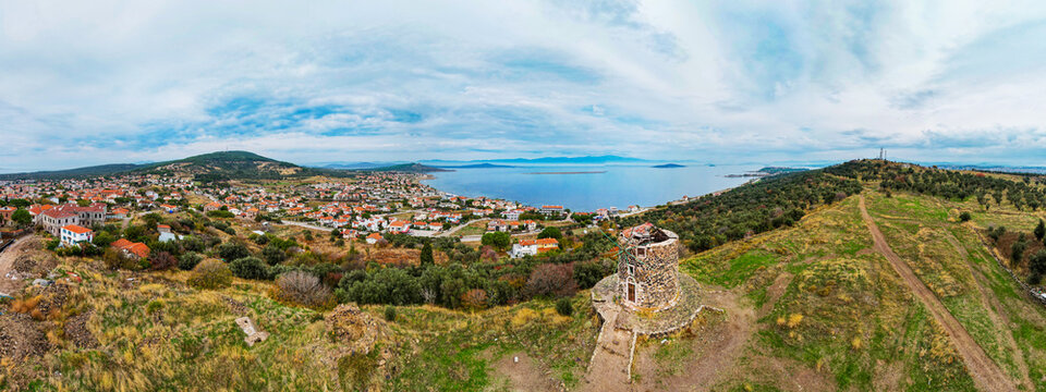 Cunda Island. Panoramic view of Cunda Island with its historic windmill. Ayvalik, Balikesir, Turkey.