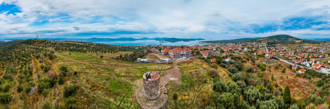 Cunda Island. Panoramic view of Cunda Island with its historic windmill. Ayvalik, Balikesir, Turkey.