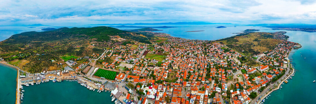 Cunda Island. Panoramic view of Cunda Island. Ayvalik, Balikesir, Turkey. Aerial view with drone.