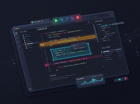 Futuristic code editor interface on dark background, modern software development environment, interactive digital programming screen, neon user interface