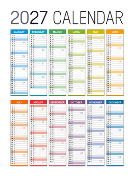 English desk calendar 2027 with week numbers. Editable vector template with isolated layers, customizable design.