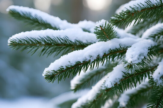 Close-up of fir tree branches covered with fresh white snow in winter forest, natural seasonal background.