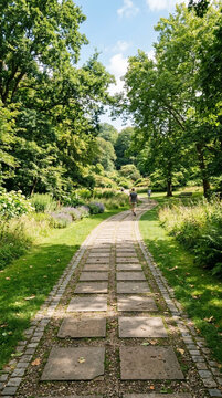 Serene Garden Path Walkway with Lush Greenery and Distant Figures on a Sunny Day