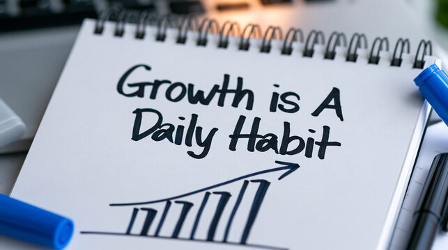 Growth is a daily habit written in a notebook with a rising chart. Perfect for personal development and business success motivation concepts.