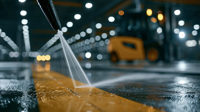 High pressure water jet cleaning a warehouse floor under bright lights. Industrial cleaning concept for commercial maintenance ads.