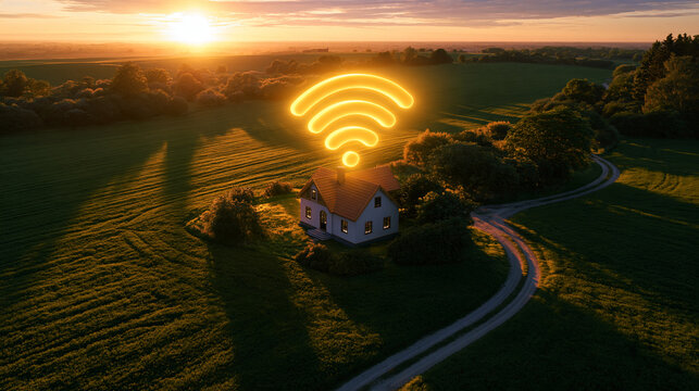 A glowing Wi-Fi symbol shines over a rural house in a green countryside at sunset. Smart home technology and rural internet connectivity concept.